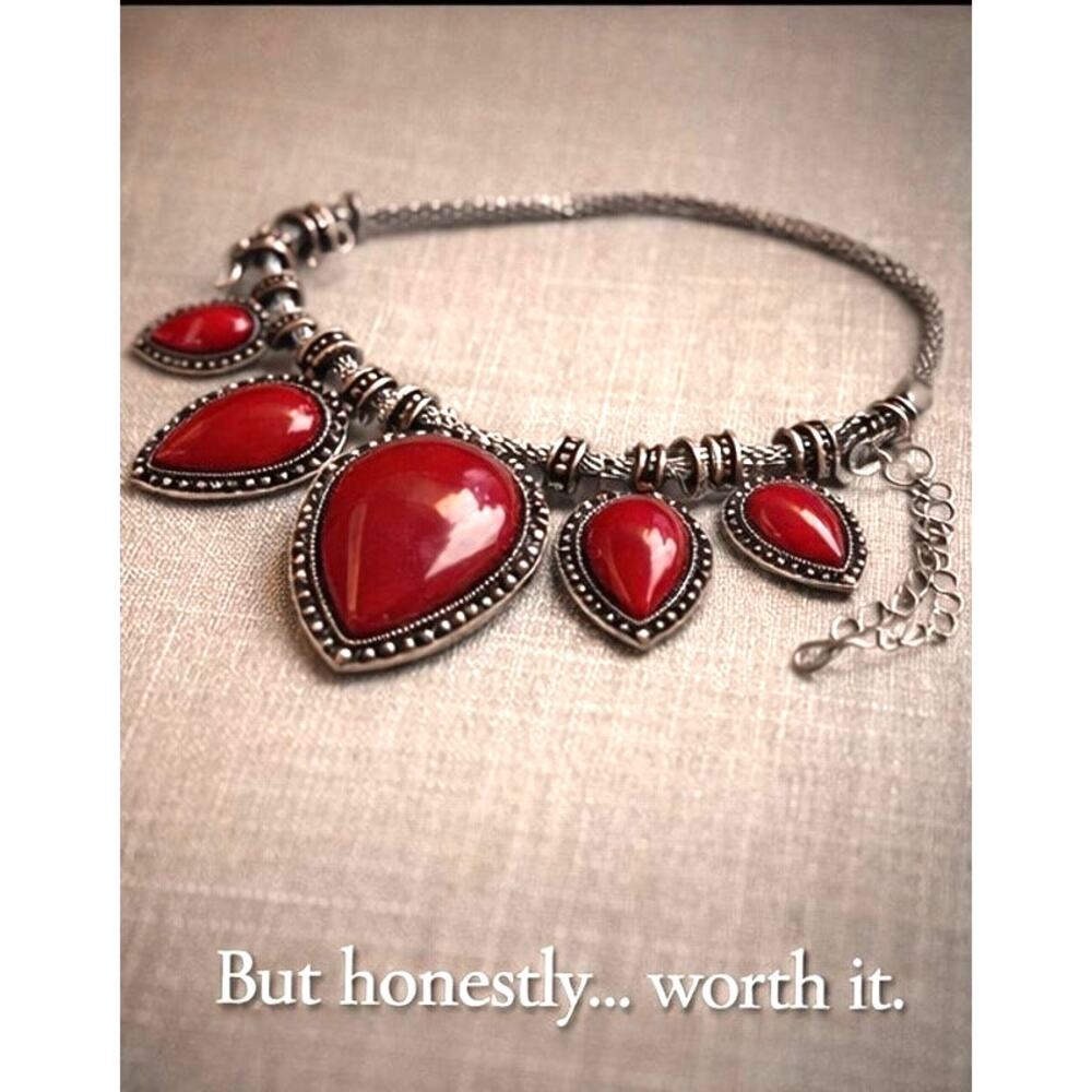 Whimsy Goth Red Statement Necklace, Gothic Bib, Snake Chain,Vampirecore Jewelry